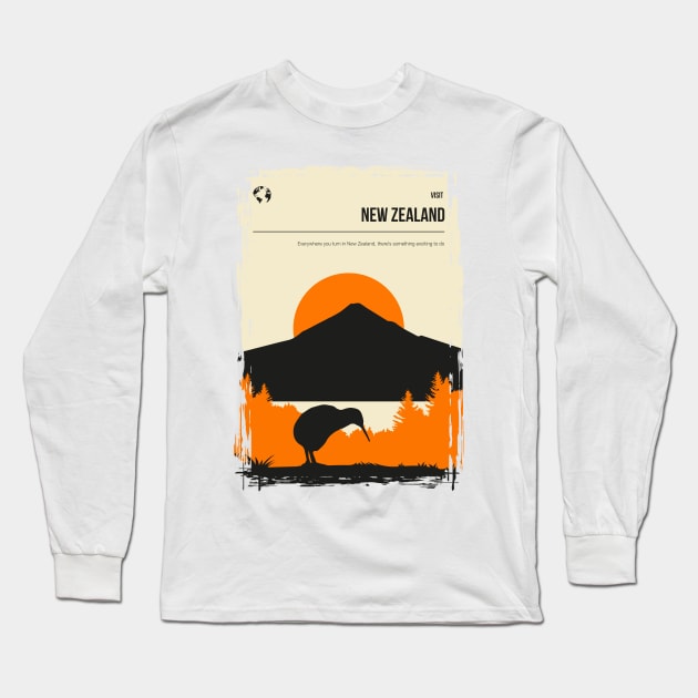 New Zealand Vintage Minimal Retro Travel Poster Long Sleeve T-Shirt by jornvanhezik